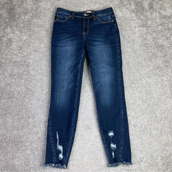 KanCan Jeans Women's 7/27 Blue Skinny Mid-Rise Dark Denim Stretch Distressed - Picture 1 of 12